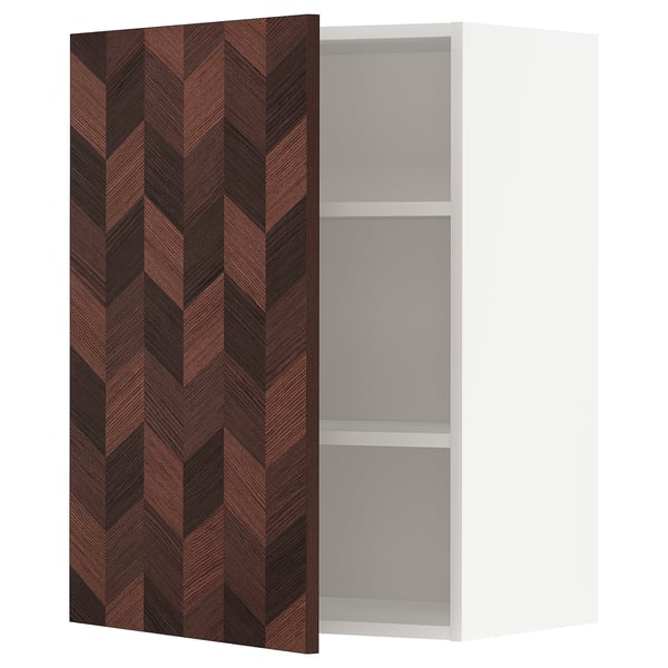 METOD Élément mural + tablettes, blanc Hasslarp/brun à motifs, 60x80 cm