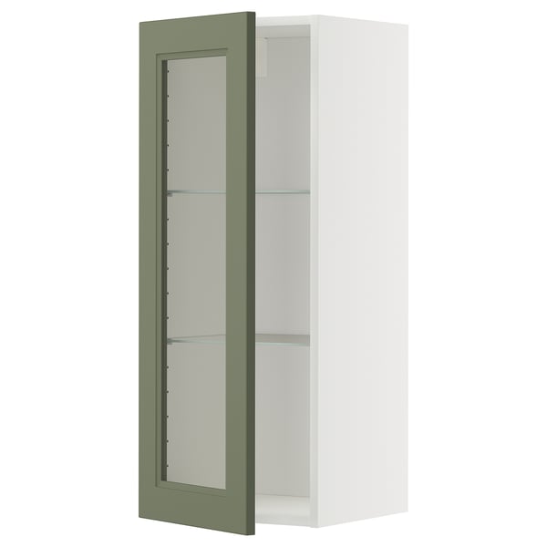 METOD Élément mural+tablettes/pte vitrée, blanc/Axstad gris vert, 40x100 cm