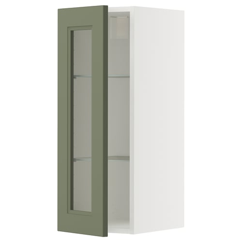 METOD Élément mural+tablettes/pte vitrée, blanc/Axstad gris vert, 30x80 cm
