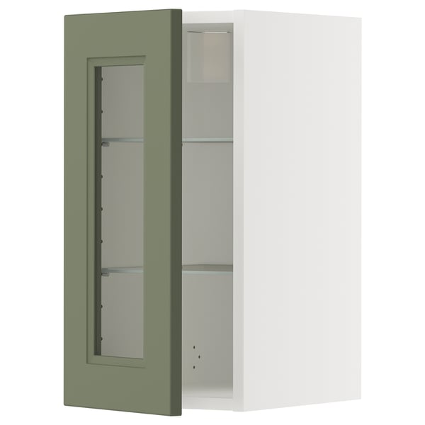 METOD Élément mural+tablettes/pte vitrée, blanc/Axstad gris vert, 30x60 cm