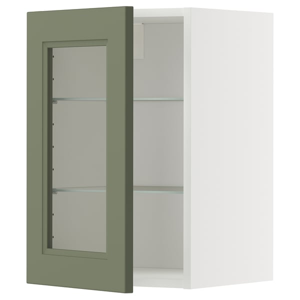 METOD Élément mural+tablettes/pte vitrée, blanc/Axstad gris vert, 40x60 cm