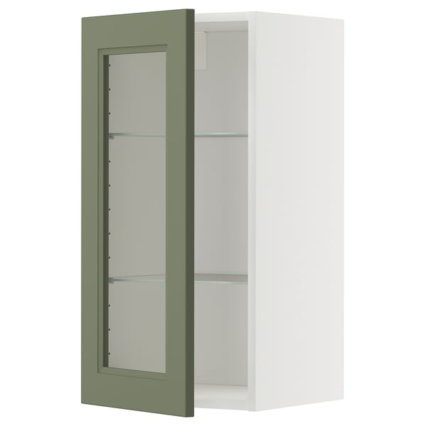 METOD Élément mural+tablettes/pte vitrée, blanc/Axstad gris vert, 40x80 cm
