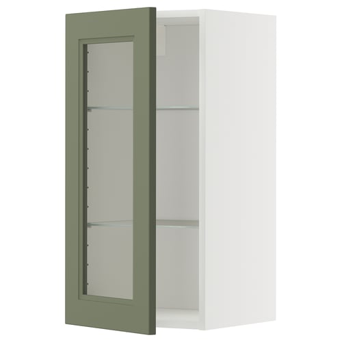 METOD Élément mural+tablettes/pte vitrée, blanc/Axstad gris vert, 40x80 cm