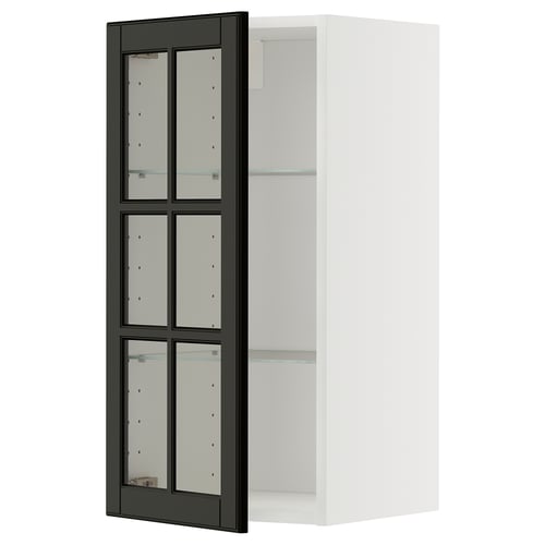 METOD Élément mural+tablettes/pte vitrée, blanc/Bodbyn noir, 40x80 cm