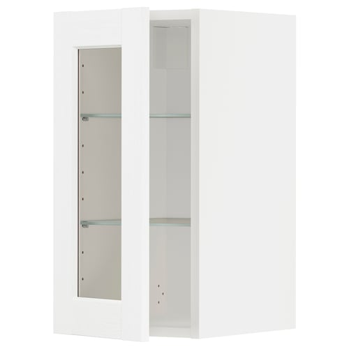 METOD Élément mural+tablettes/pte vitrée, blanc Enköping/blanc effet bois, 30x60 cm