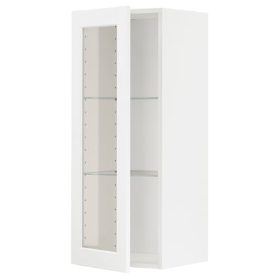 METOD Élément mural+tablettes/pte vitrée, blanc Enköping/blanc effet bois, 40x100 cm