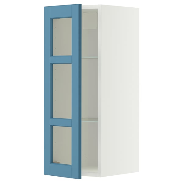 METOD Élément mural+tablettes/pte vitrée, blanc/Lerhyttan bleu, 30x80 cm