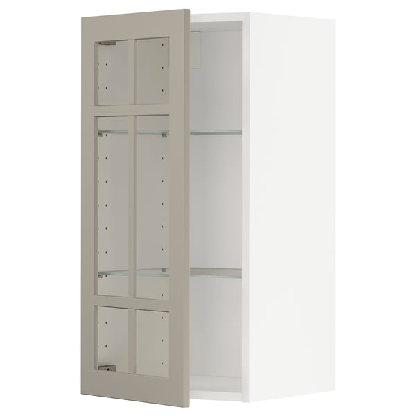 METOD Élément mural+tablettes/pte vitrée, blanc/Stensund beige, 40x80 cm