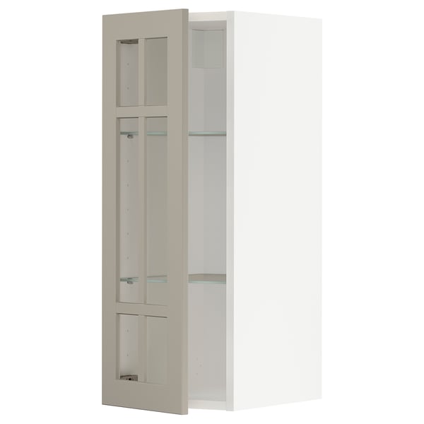 METOD Élément mural+tablettes/pte vitrée, blanc/Stensund beige, 30x80 cm