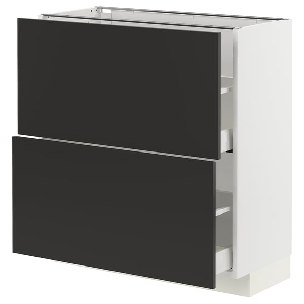 METOD / MAXIMERA Élément bas 2 tiroirs, blanc/Nickebo anthracite mat, 80x37 cm