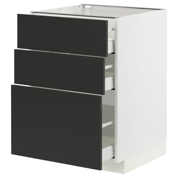 METOD / MAXIMERA Élément bas 3 tiroirs, blanc/Nickebo anthracite mat, 60x60 cm