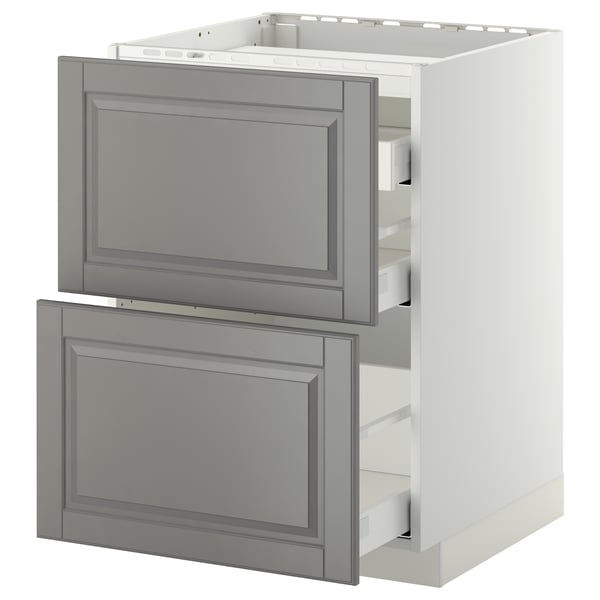 METOD / MAXIMERA Élément bas table cuisson/2fcs/3tir, blanc/Bodbyn gris, 60x60 cm