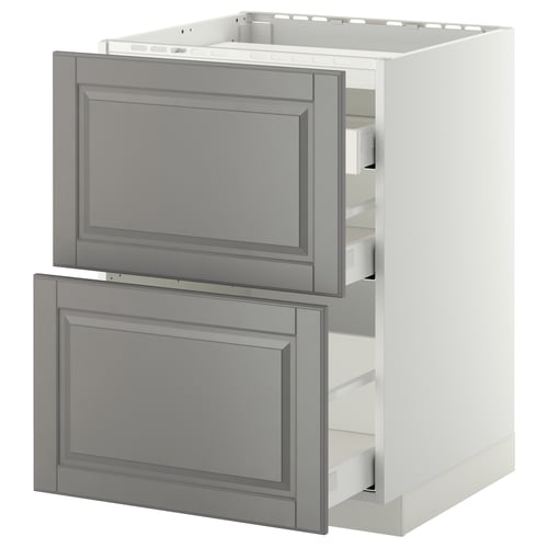 METOD / MAXIMERA Élément bas table cuisson/2fcs/3tir, blanc/Bodbyn gris, 60x60 cm
