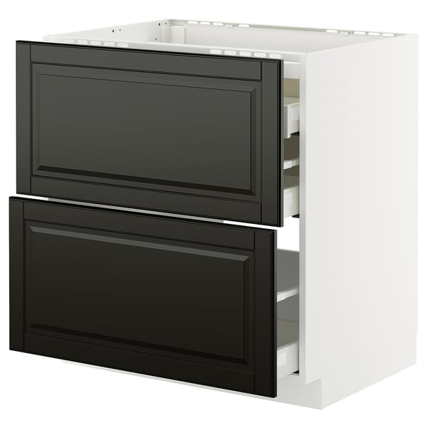 METOD / MAXIMERA Élément bas table cuisson/2fcs/3tir, blanc/Bodbyn noir, 80x60 cm