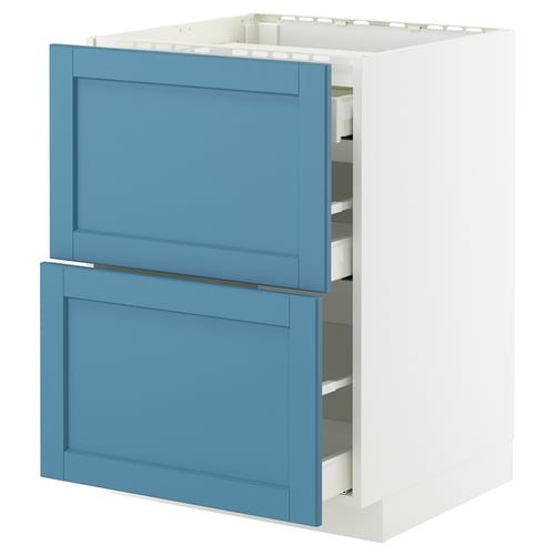 METOD / MAXIMERA Élément bas table cuisson/2fcs/3tir, blanc/Lerhyttan bleu, 60x60 cm