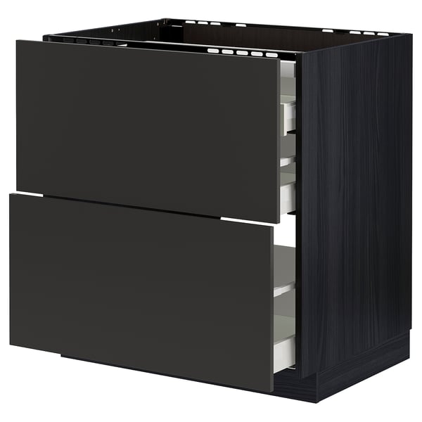 METOD / MAXIMERA Élément bas table cuisson/2fcs/3tir, noir/Nickebo anthracite mat, 80x60 cm