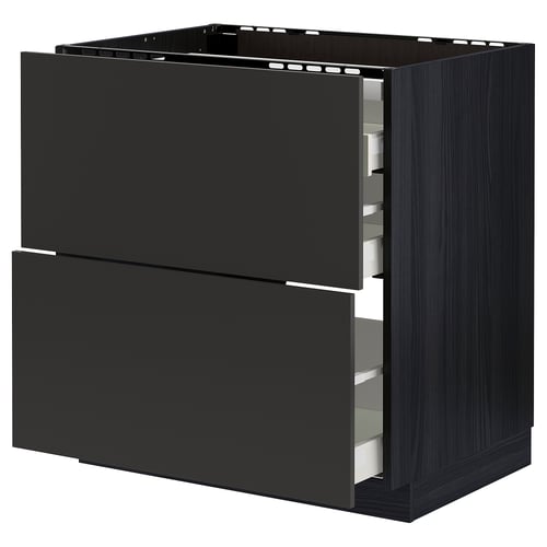METOD / MAXIMERA Élément bas table cuisson/2fcs/3tir, noir/Nickebo anthracite mat, 80x60 cm