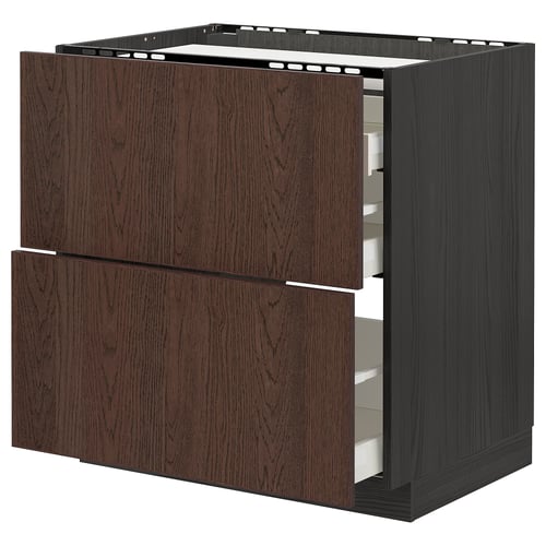 METOD / MAXIMERA Élément bas table cuisson/2fcs/3tir, noir/Sinarp brun, 80x60 cm