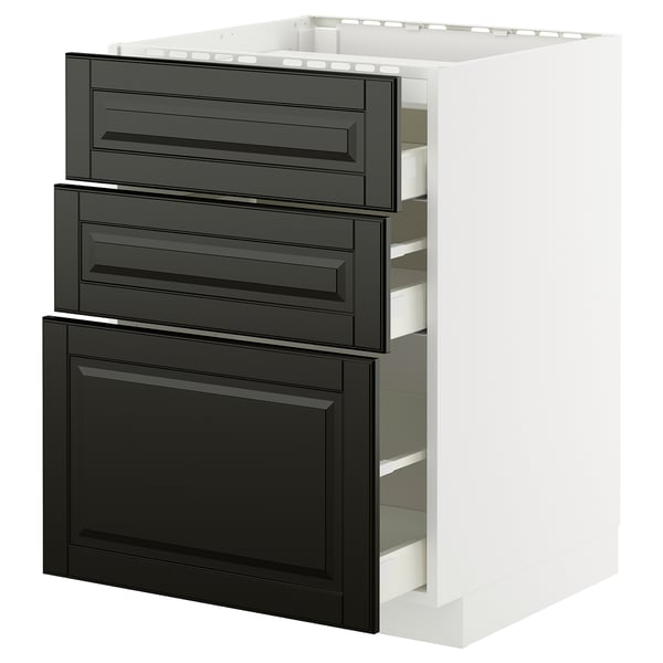 METOD / MAXIMERA Élément bas table cuisson/3fcs/3tir, blanc/Bodbyn noir, 60x60 cm