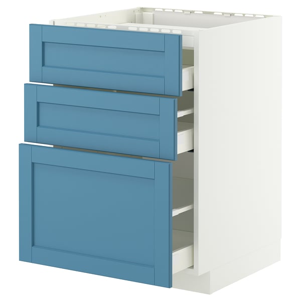 METOD / MAXIMERA Élément bas table cuisson/3fcs/3tir, blanc/Lerhyttan bleu, 60x60 cm