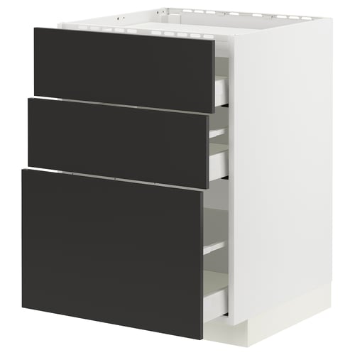 METOD / MAXIMERA Élément bas table cuisson/3fcs/3tir, blanc/Nickebo anthracite mat, 60x60 cm