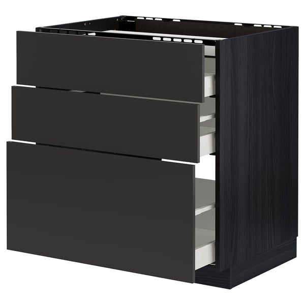METOD / MAXIMERA Élément bas table cuisson/3fcs/3tir, noir/Nickebo anthracite mat, 80x60 cm