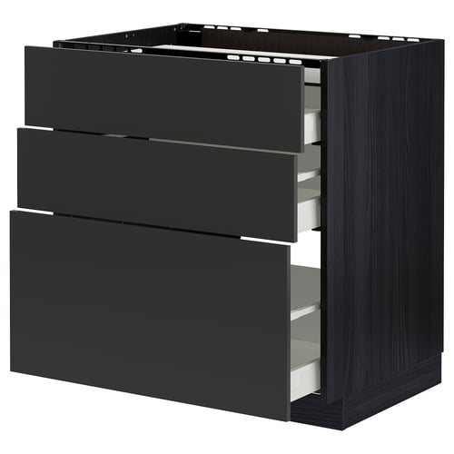 METOD / MAXIMERA Élément bas table cuisson/3fcs/3tir, noir/Nickebo anthracite mat, 80x60 cm