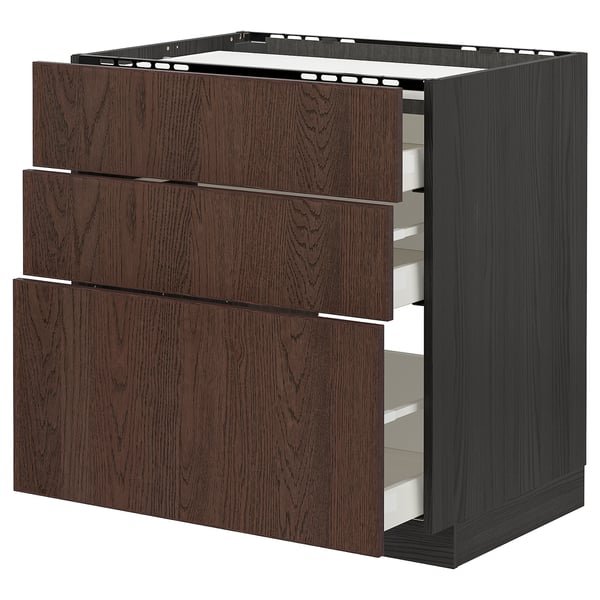 METOD / MAXIMERA Élément bas table cuisson/3fcs/3tir, noir/Sinarp brun, 80x60 cm