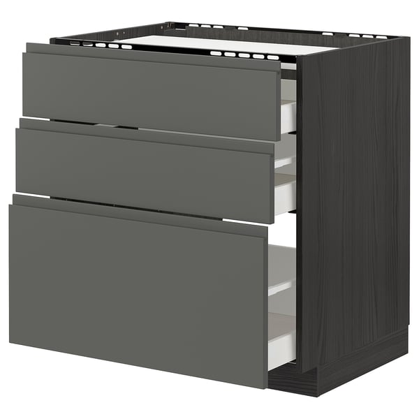 METOD / MAXIMERA Élément bas table cuisson/3fcs/3tir, noir/Voxtorp gris foncé, 80x60 cm