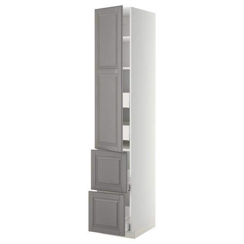 METOD / MAXIMERA Élément haut+tablettes/4tir/pte/2fc, blanc/Bodbyn gris, 40x60x220 cm