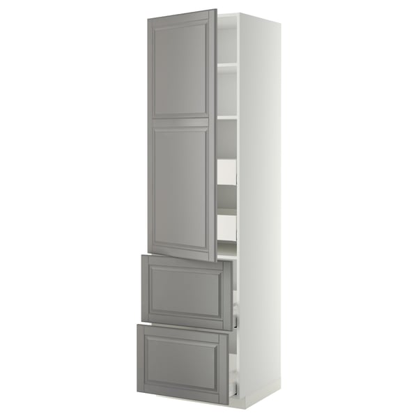 METOD / MAXIMERA Élément haut+tablettes/4tir/pte/2fc, blanc/Bodbyn gris, 60x60x220 cm