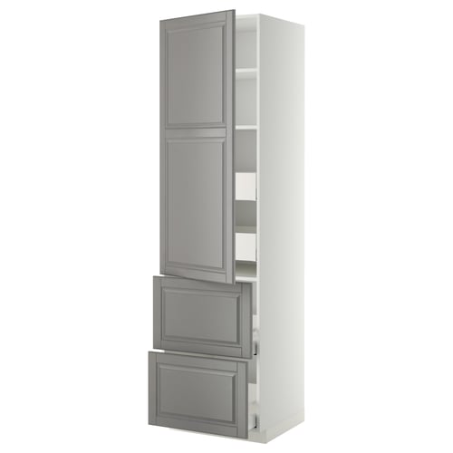 METOD / MAXIMERA Élément haut+tablettes/4tir/pte/2fc, blanc/Bodbyn gris, 60x60x220 cm