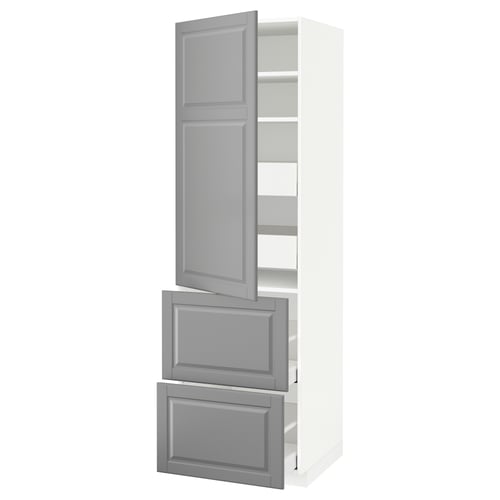 METOD / MAXIMERA Élément haut+tablettes/4tir/pte/2fc, blanc/Bodbyn gris, 60x60x200 cm