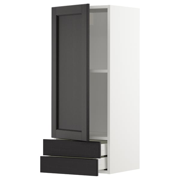 METOD / MAXIMERA Élément mural avec porte/2 tiroirs, blanc/Lerhyttan teinté noir, 40x100 cm