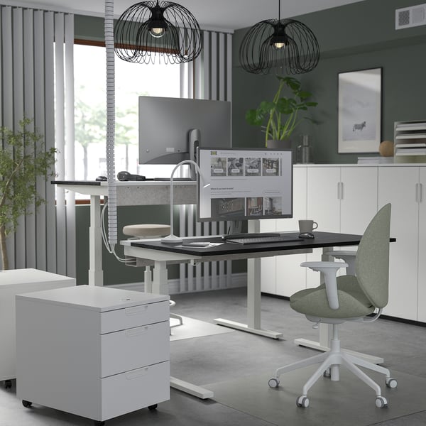 MITTZON Bureau assis/debout, électrique plaqué frêne teinté noir/blanc, 140x60 cm