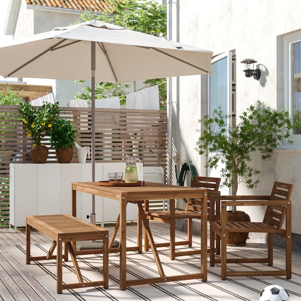 NÄMMARÖ Table+2 chaises+banc, ext, teinté brun clair, 140 cm
