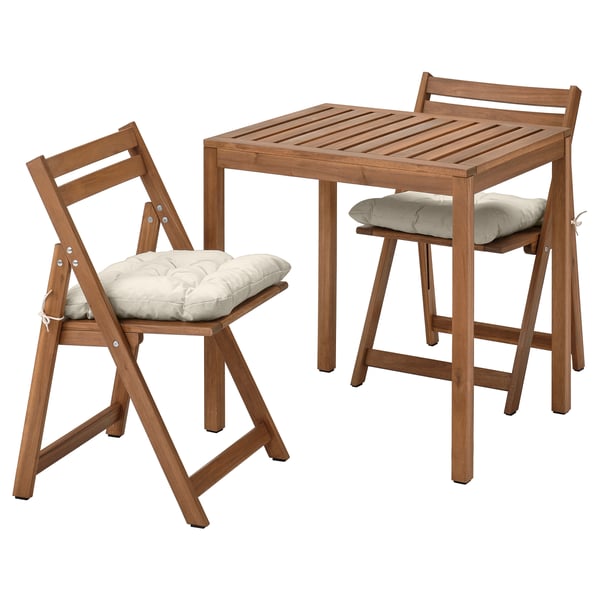 NÄMMARÖ Table/2 chaises pliantes, extérieur, teinté brun clair/Kuddarna beige-gris clair, 75x63 cm