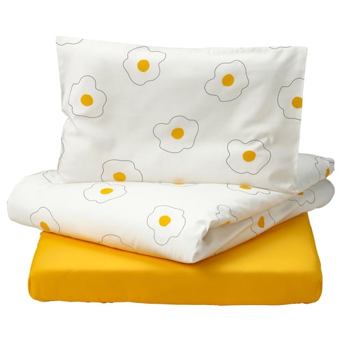 ÖGONLOCKSMAL Linge de lit enfant, 3 pièces, fleur blanc/jaune, 60x120 cm