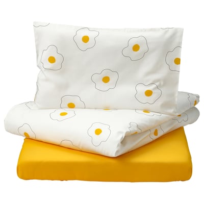 ÖGONLOCKSMAL Linge de lit enfant, 3 pièces, fleur blanc/jaune, 60x120 cm