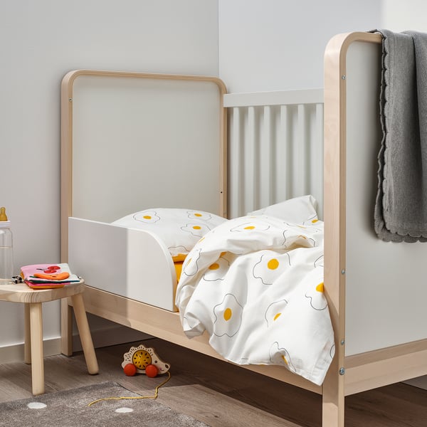 ÖGONLOCKSMAL Linge de lit enfant, 3 pièces, fleur blanc/jaune, 60x120 cm