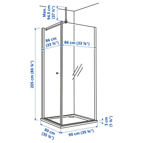 OPPEJEN / FOTINGEN Cabine de douche avec receveur, 90x90x205 cm