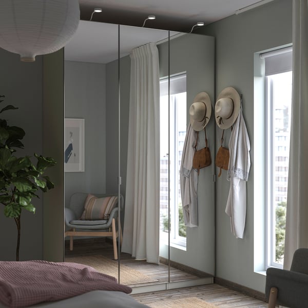 PAX / ÅHEIM Combinaison armoire, gris-beige/miroir, 150x60x236 cm