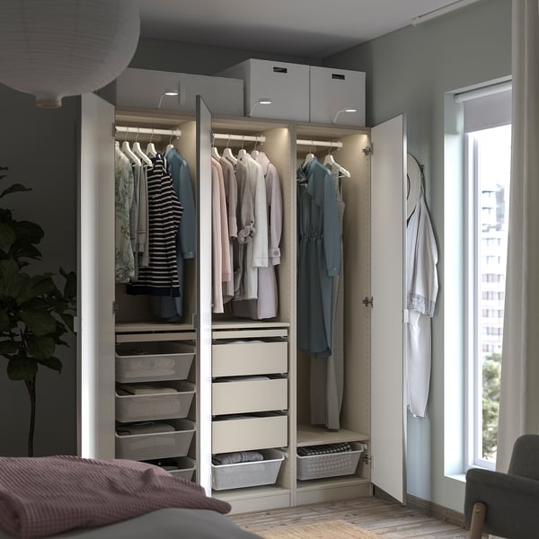 PAX / ÅHEIM Combinaison armoire, gris-beige/miroir, 150x60x201 cm