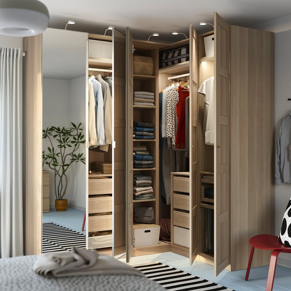 PAX / BERGSBO/ÅHEIM Armoire d'angle, effet chêne blanchi/plaqué chêne, 211/161x236 cm