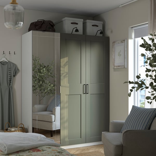 PAX / KAMMARTORP/GRIMO Combinaison armoire, blanc miroir/gris gris vert, 150x60x201 cm
