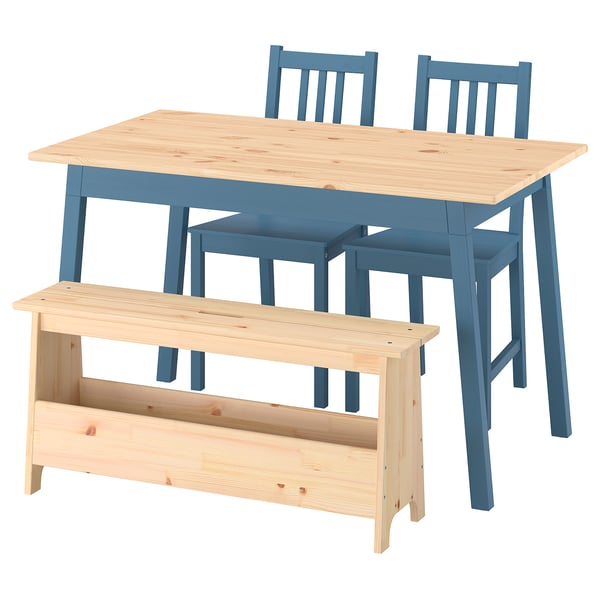 PINNTORP / PERJOHAN Table, 2 chaises et banc, teinté brun clair teinté bleu/teinté bleu pin, 125 cm