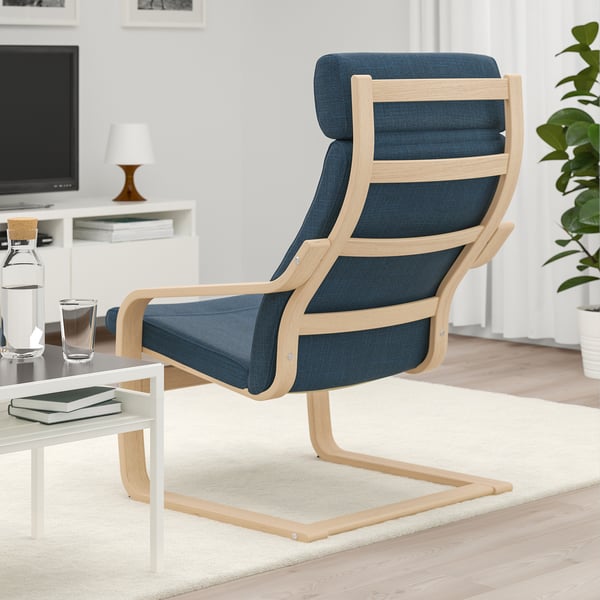 POÄNG Fauteuil, plaqué chêne blanchi/Hillared bleu foncé