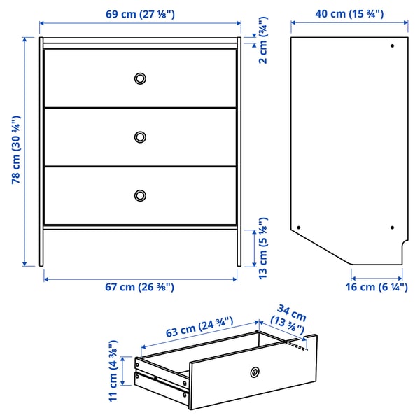RACKNÄS Commode 3 tiroirs, blanc/fixation murale, 69x78 cm