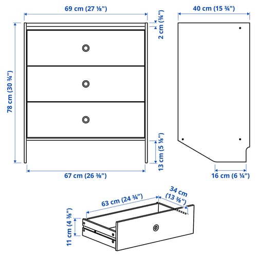 RACKNÄS Commode 3 tiroirs, blanc/fixation murale, 69x78 cm
