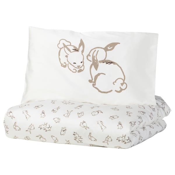 RÖDHAKE Housse couette+1 taie pour lit bébé, motif lapin/blanc/beige, 110x125/35x55 cm